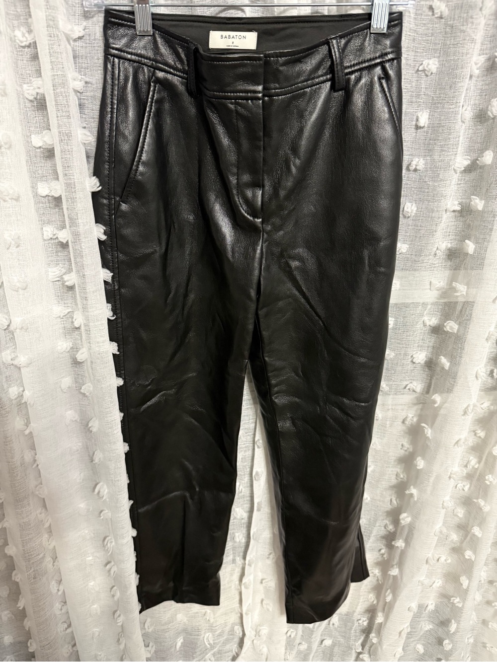 Babaton Black Faux Leather Women's Trousers straight leg, pockets 2